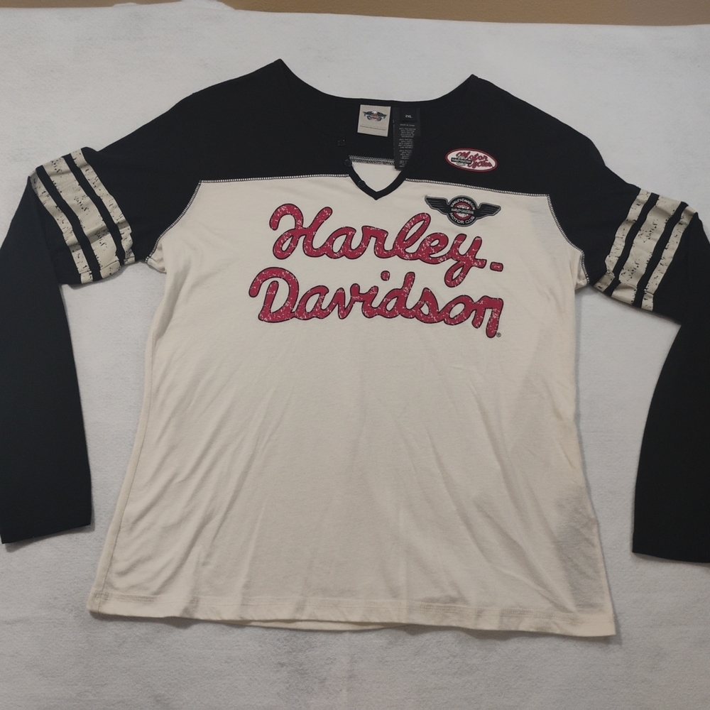 Harley-Davidson long-sleeve raglan-style Women's V-neck top Cream Black Size 2X